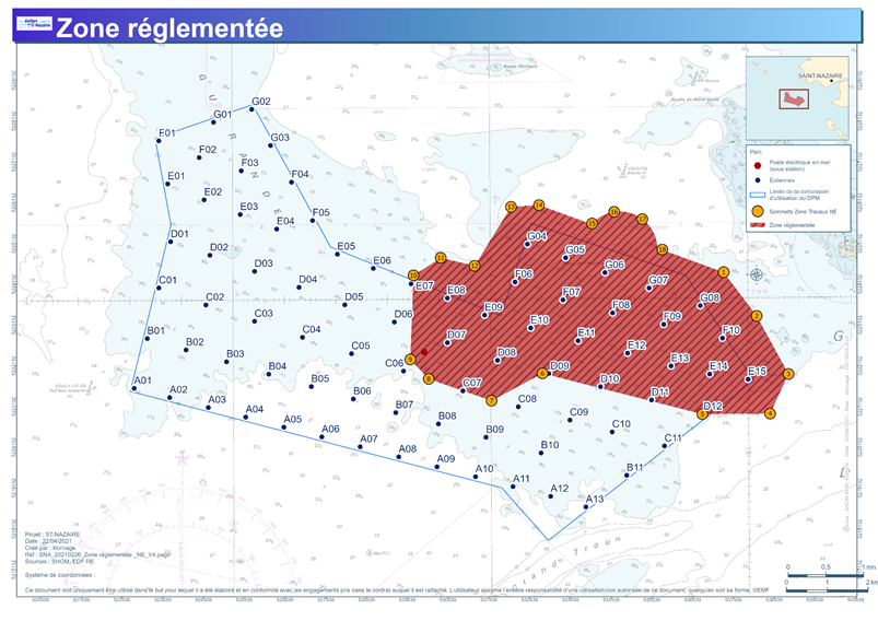 Carte réglementée de la zone du banc de Guérande